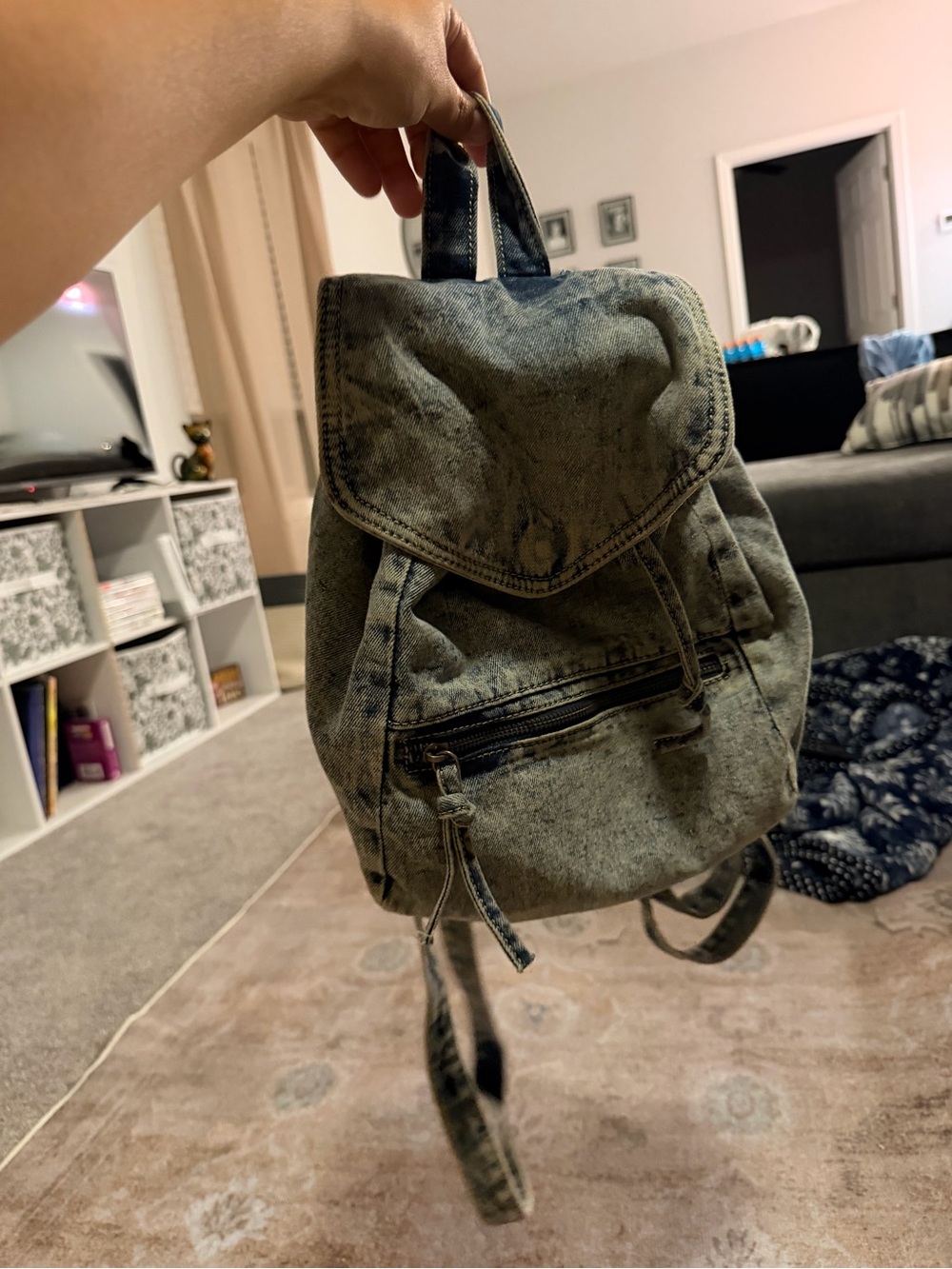 Washed Denim-Style Mini Backpack - Light Grey/Blue - Picture 2 of 4